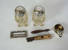 A group of items, including a pair of silver topped dressing table bottles, circa 1900; with a