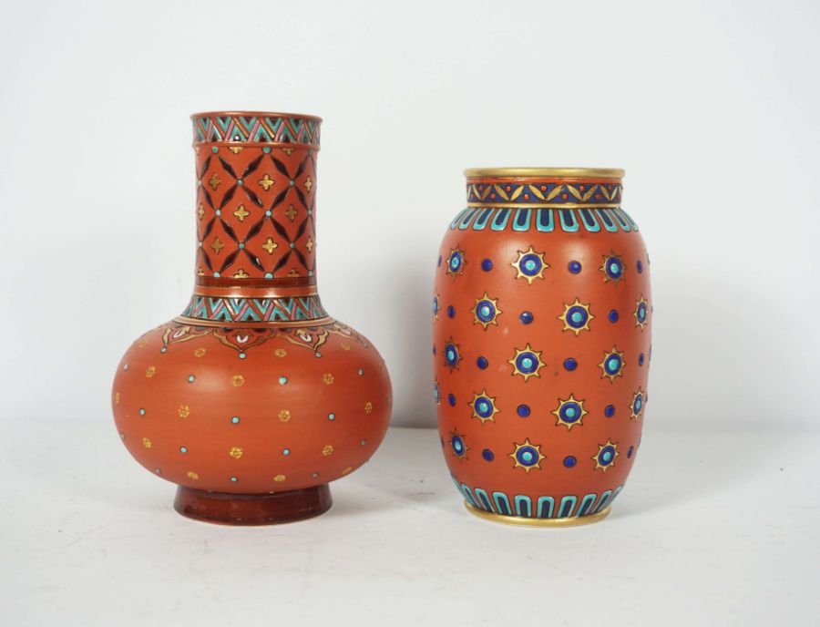 A pair of Mettlach stoneware vases, base stamped 1899, with Secessionist decoration, 29cm high; - Image 2 of 3