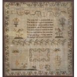 A Regency needlework sampler, signed by Sarah Clark and dated 1815, decorated with a verse flanked