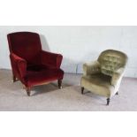 A late Victorian armchair, currently upholstered in claret; together with a smaller green