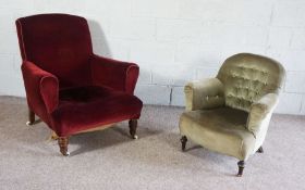 A late Victorian armchair, currently upholstered in claret; together with a smaller green