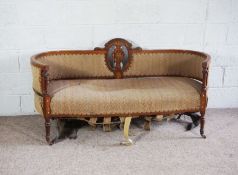 A late Victorian rosewood and marquetry settee, circa 1900, with rounded and enfolding back, pierced