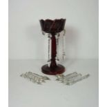 A box of assorted decorative glass, including a Victorian ruby glass lustre, assorted cranberry