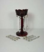 A box of assorted decorative glass, including a Victorian ruby glass lustre, assorted cranberry