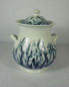 A large Victorian covered two handled soup tureen, with blue and white decoration with leaves and