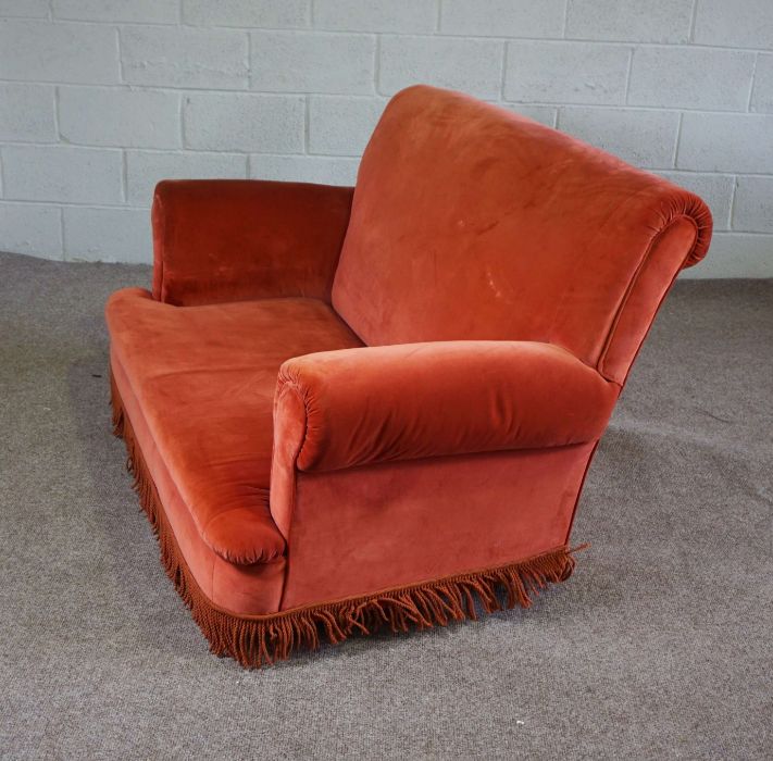 A small red two seat sofa, with scrolled arms and tassel fringe, 153cm wide; together with three - Image 4 of 4