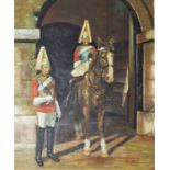 A Victorian coloured print; A posey of flowers; together with a painting of Household Cavalry ,