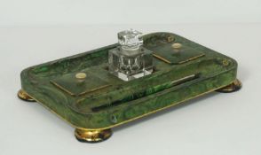 A late Regency papier-mâché simulated malachite inkstand, 19th century, with two covered boxes and a