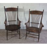 An unusual pair of spindle backed Windsor style armchairs, circa 1900, possibly American, with