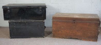 A vintage oak tool chest, together with two trunks (3)