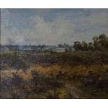 Manner of John Constable,  Figures on a heathland, with a village beyond unsigned oil on canvas,