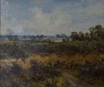 Manner of John Constable,  Figures on a heathland, with a village beyond unsigned oil on canvas,