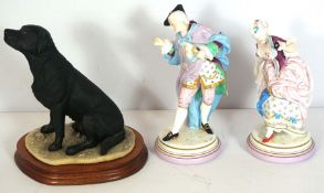 A pair of Dresden style figures of a Lady and Gallant, together with a resin model of a labrador (