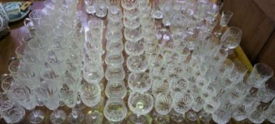 A large collection of table glasses, including wine goblets, tumblers, brandy glasses (a lot)