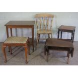 A Windsor style kitchen chair, with a footstool and three small occasional tables (5)