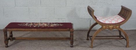 An Edwardian mahogany and marquetry inlaid dressing stool, with double C scroll supports; together