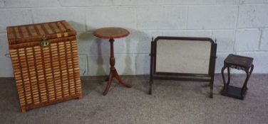 A swing dressing mirror, together with a small occasional table, rattan clothes basket and a small