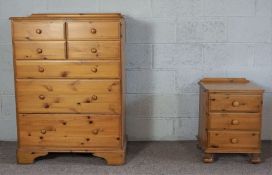 A modern pine chest of drawers, with seven drawers, 115cm high, 86cm wide; together with a bedside