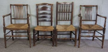 A pair of provincial Sussex style oak framed armchairs, 19th century, together with an ash framed