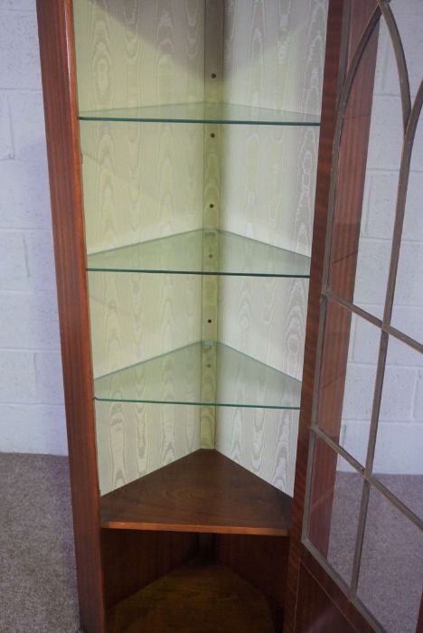 A pair of George III style mahogany veneered corner display cabinets, each with a glazed door and - Image 3 of 3