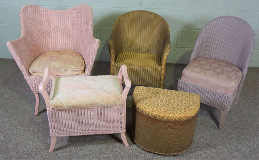 A pink Lloyd Loom type bathroom armchair; together with two others similar, a stool and small - Image 2 of 4
