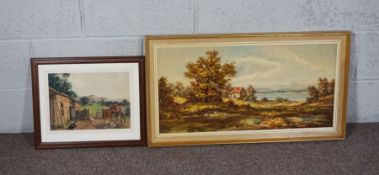 Nine assorted pictures and prints, including J. Valentine, ‘The end of the day’, watercolour; a