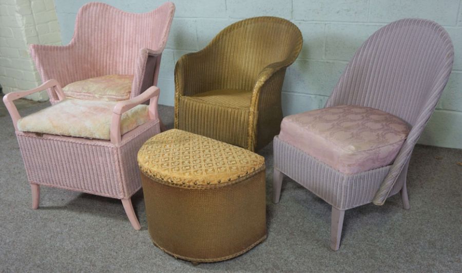 A pink Lloyd Loom type bathroom armchair; together with two others similar, a stool and small - Image 4 of 4