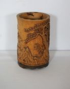 A 20th century Chinese carved bamboo brush pot, 18cm high; together with an assortment of objects