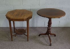 A Georgian style tilt top wine table, 74cm high; together with an octagonal satinwood banded