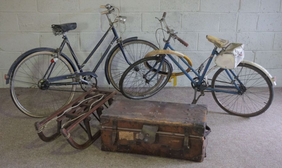 A Vintage alpine sledge; together with a vintage leather trunk and two ladies bicycles (5)