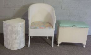 A Lloyd Loom style white bathroom chair and two similar laundry baskets (3)