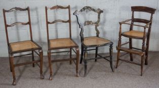 A Victorian simulated rosewood childs high chair, with a caned seat; together with three other caned