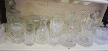 A collection of assorted cut glass decanters, assorted related bowls, jugs etc, one decanters with a
