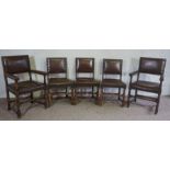 A set of five 17th century refectory style leather and oak dining chairs, 20th century revival,