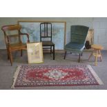 A Victorian armchair, together with another side chair, a small modern rug, adjustable stool,