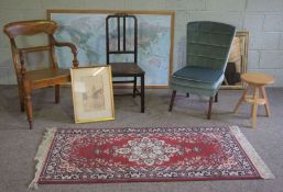 A Victorian armchair, together with another side chair, a small modern rug, adjustable stool,