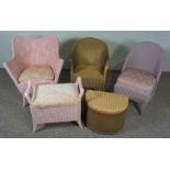A pink Lloyd Loom type bathroom armchair; together with two others similar, a stool and small