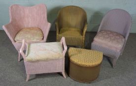 A pink Lloyd Loom type bathroom armchair; together with two others similar, a stool and small