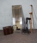 A small Chinese hardwood trinket chest; together with a Chinese lamp holder, and three walking