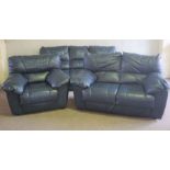 A modern large three piece blue leather suite, including an armchair, three seat and two seat sofas,