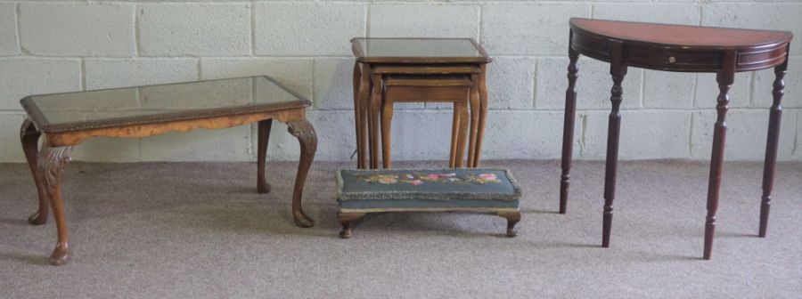 A modern nest of tables, coffee table, half moon table & footstool and a blue rug(5)