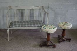 A pair of Victorian tapestry upholstered mahogany piano stools, adjustable; together with a small