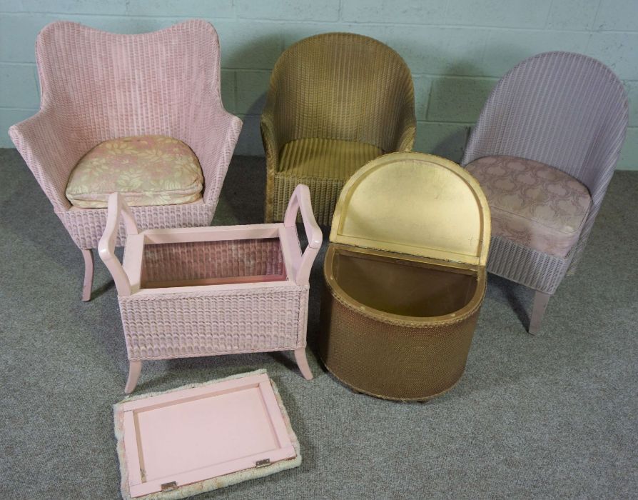 A pink Lloyd Loom type bathroom armchair; together with two others similar, a stool and small - Image 3 of 4