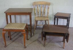 A Windsor style kitchen chair, with a footstool and three small occasional tables (5)