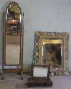 A Georgian style walnut framed cheval mirror, 169cm high; together with a small mahogany toilet