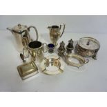 Two boxes of assorted silver plate, including a Victorian silver mounted Royal Crown Derby covered