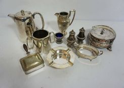 Two boxes of assorted silver plate, including a Victorian silver mounted Royal Crown Derby covered