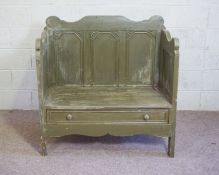 A continental painted and panelled hall bench, 19th century, with apron drawer and shaped high