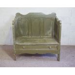 A continental painted and panelled hall bench, 19th century, with apron drawer and shaped high