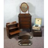 A small HMV gramophone; together with a Dansett record player, an oak dressing chest, folding